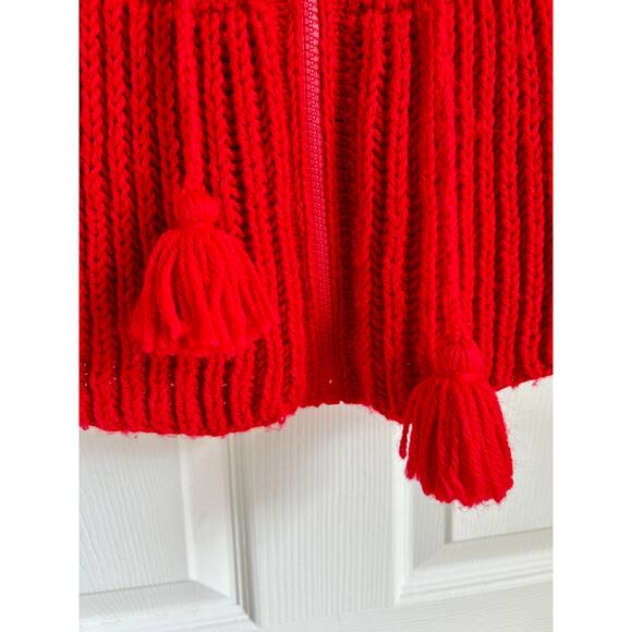 Vintage Hand Knit Bright Red Baby Cardigan with Hood and Tassels, 12 months - Picture 2 of 8